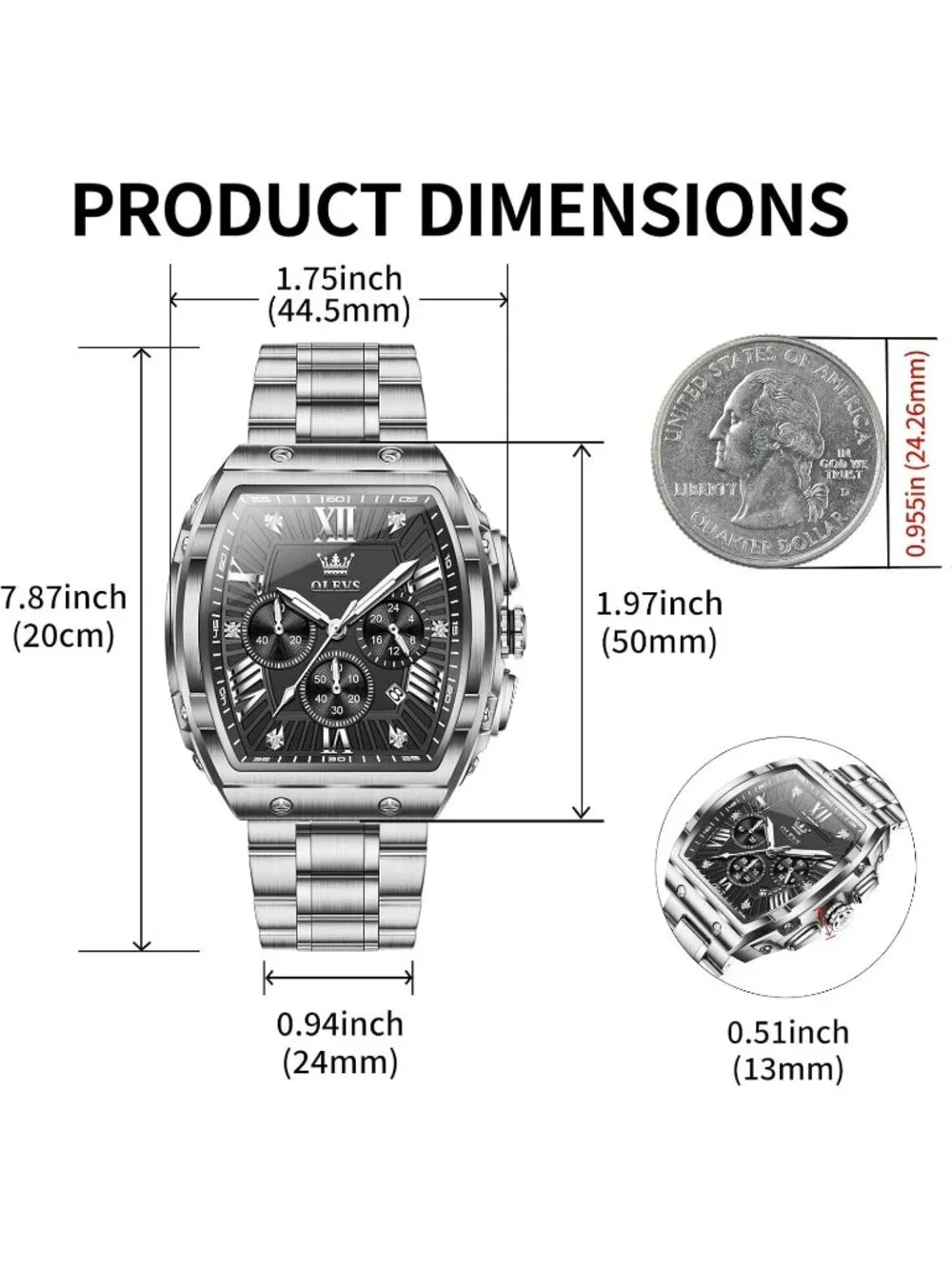 Men's Silver Black Chronograph Rectangle Stainless Steel Luminous Classic Watch
